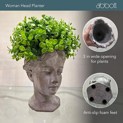 Abbott Collection Goddess Head Planter – Extra Small Cement Indoor and Outdoor Planter Pot – Grecian Woman Statue Head Planter for Flowers and Succulents (Grey, 6.5" Tall, 2.75" Opening)