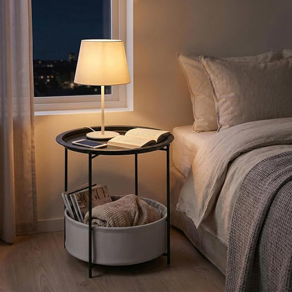 VECELO Round Side/End Table with Fabric Storage Basket，Metal Anti-Rust and Waterproof Small Bedside Nightstand with Removable Tray Top for Living Room，Balcony & Laundry，Black /2pcs with Basket