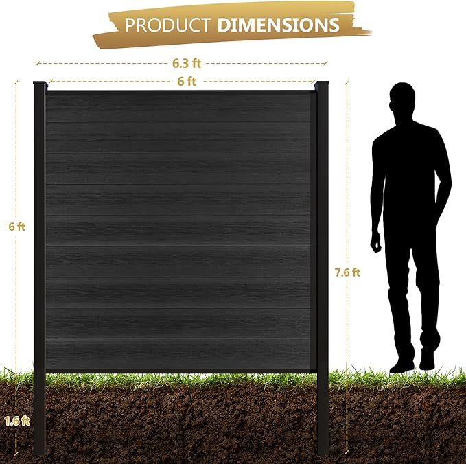 6 Feet×6 Feet Privacy Fence, Outdoor Wood Plastic Composite Fence Panel, Waterproof Security Barriers Fencing (Black with One 7.6FT Post)