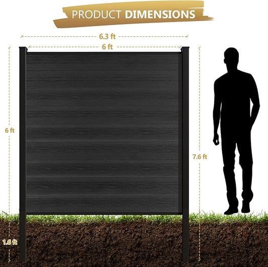 6 Feet×6 Feet Privacy Fence, Outdoor Wood Plastic Composite Fence Panel, Waterproof Security Barriers Fencing (Black with One 7.6FT Post)