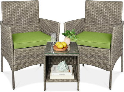 Best Choice Products 3-Piece Outdoor Wicker Conversation Bistro Set, Space Saving Patio Furniture for Garden w/Side Table - Taupe/Pistachio