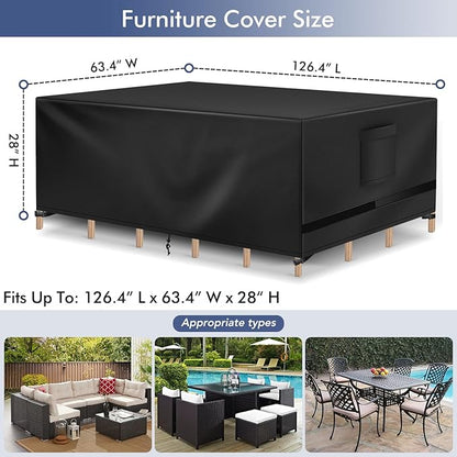 Richwon Patio Table Covers, Waterproof Rectangle, Heavy Duty for Sectional Set, 126.4"L x 63.4"W x 28"H, Black