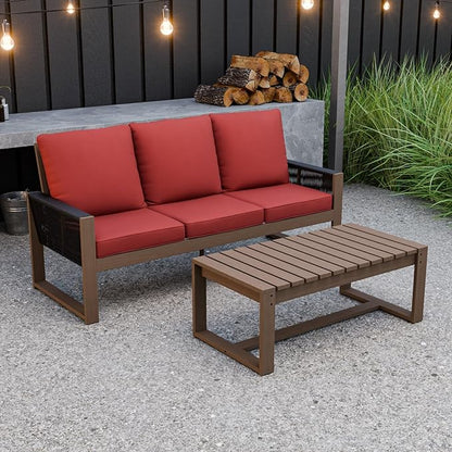 Rustic Hideaway Natural Cedar Wood Outdoor Furniture Set, Wicker Patio Conversation Set for Porch Garden Backyard, Couch and Coffee Table, 2 Piece, Brownish/Red