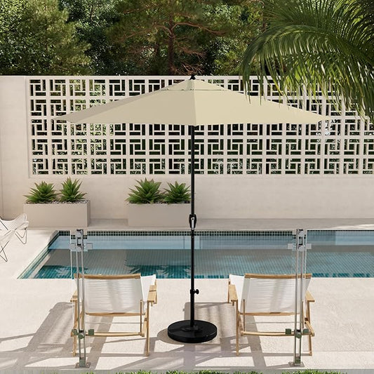 California Umbrella 9' Rd Aluminum Patio Umbrella, Crank Lift, Auto Tilt, Black Finish, 4yr Fade Warranty, Antique Beige