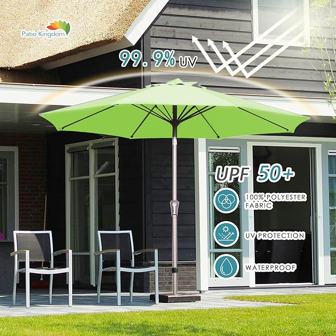 PatioKingdom 9FT Patio Outdoor Umbrella-UPF 50+ Sun Shade with Wind Vent, Push-Button Tilt & Smooth Crank Lift, Rust-Resistant Fiberglass Frame for Garden, Backyard,Yard (Apple Green, 9FT)