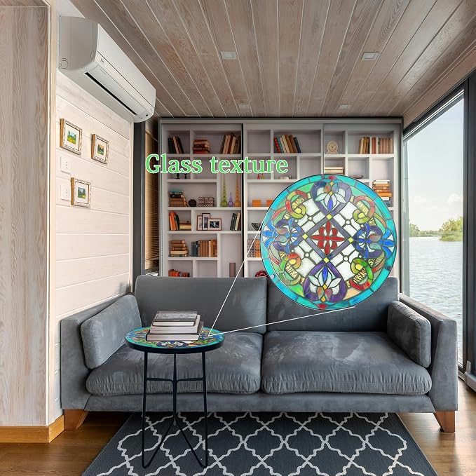 Mosaic Flower Outdoor Side Tea Table, Glass Plant Tables Decorative Metal Patio Table, Round Outdoor Tables Unique Furniture-Weather-Resistant Patio Decor, Valentine's Day Decoration Gift