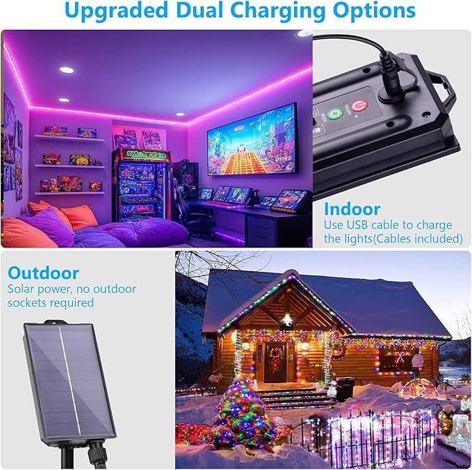 Solar Rope Lights Outdoor Waterproof, 49Ft 150 LED String Light Fairy Solar Powered & USB with Remote, 18 Colors Changing Trampoline Lighting for Outside Garden Patio Home Christmas Decoration
