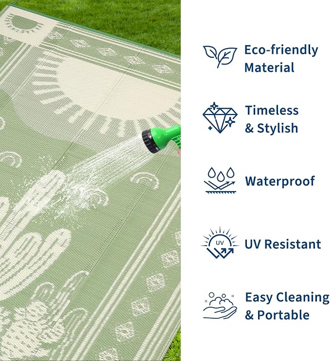 Garvee Waterproof Outdoor Rug 5x8, Cactus Botanical Outdoor Plastic Straw Rug for Camping, Reversible RV Mat Outside, Indoor Outdoor Carpet for Porch, Deck, Backyard, Balcony, Picnic, Sage Green