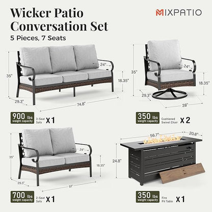 Patio Furniture Set with Firepit Table, Black Frame Outdoor Conversation Set with 2 x Swivel Chairs, 1 x 2-Seat Sofa, 1 x 3-Seat Sofa for Lawn Garden Backyard, Light Grey