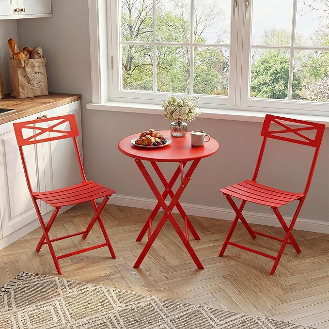 GarveeTech 3-Piece Folding Bistro Set, Heavy Duty Outdoor Patio Furniture with 2 Chairs & 1 Table, Weather-Resistant Steel Frame, No Assembly Required for Garden, Yard, Balcony,Red
