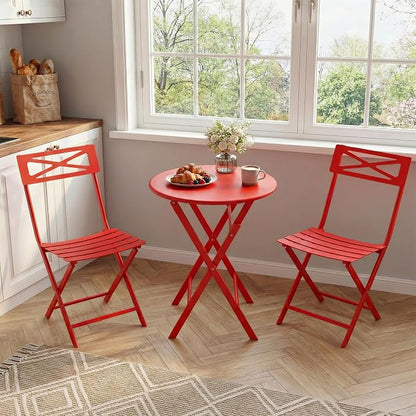 GarveeLife 3 Piece Patio Bistro Set, New Iron Outdoor Furniture Set, Metal Table and Chairs Set for Balcony, Garden or Porch, Red