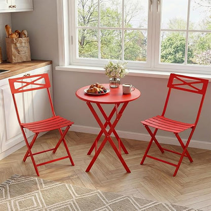 Outdoor Round Bistro Set 3 Piece, Red Iron Patio Furniture Set with Round Table & 2 Chairs, Foldable Steel Backyard Deck Porch Garden Furniture, Space Saving Outdoor Dining Set for Small Spaces