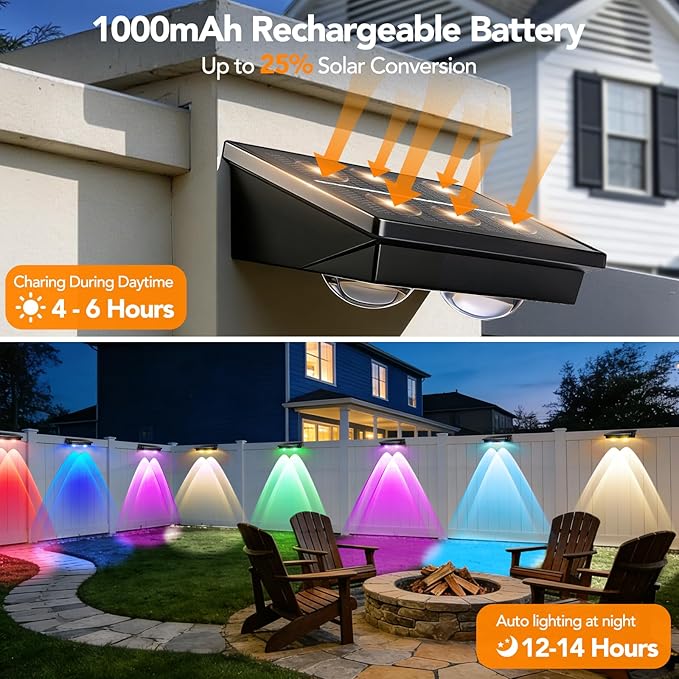 Solar Fence Lights Outdoor 2Pack, Warm White & RGB 6 Color and Glass Panel, Waterproof High Brightness Solar LED Spot Lens Deck Lights for Outside Stairs, Porch Step, Railing, Backyard, Patio
