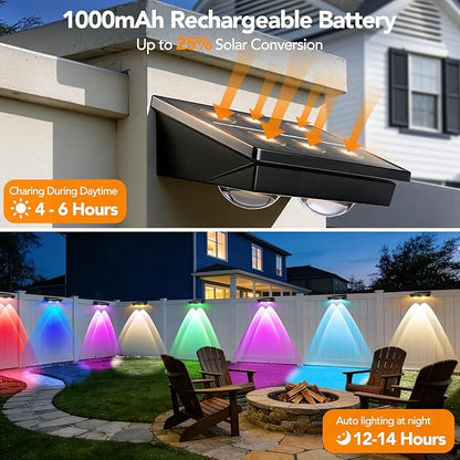Solar Fence Lights Outdoor 2Pack, Warm White & RGB 6 Color and Glass Panel, Waterproof High Brightness Solar LED Spot Lens Deck Lights for Outside Stairs, Porch Step, Railing, Backyard, Patio