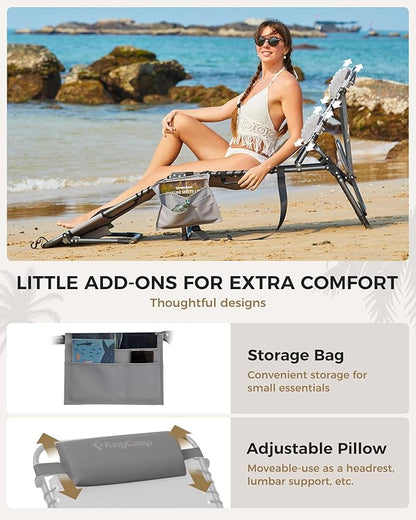 KingCamp 2 Pack Tanning Chair with Face Hole, Lounge Chairs Outdoor Folding Portable Comfy Adjustable 5-Position Foldable Chaise Chaser with Canopy Shade for Outside Beach Patio, Grey