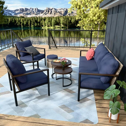 COOS BAY Sand Dune 5 Piece Wicker Patio Furniture Set, Rattan Outdoor Furniture with Nesting Tables, Chairs, Couch, Coffee Tables, and Ottoman, Brown/Blue