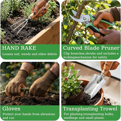 Heavy Duty 10-Piece Garden Tool Set, Rust-Proof Stainless Steel Gardening Hand Tools, Ergonomic Non-Slip Grips, Ideal Gardening Gifts for Women & Men – Gardening Essentials (Green)