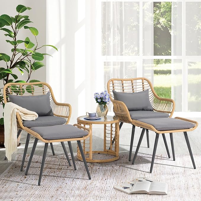 JOIVI 5 Piece Patio Wicker Conversation Set with Ottomans, Outdoor Furniture Bistro Set with Rattan Chairs and Round Side Table for Porch, Balcony, Yard, Gray Cushion