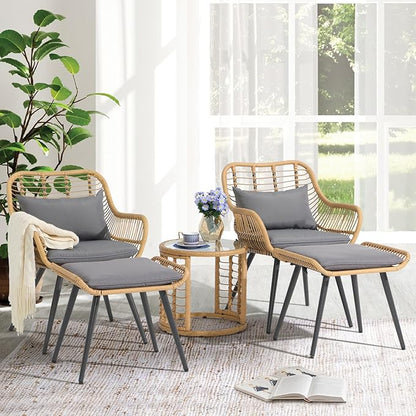 JOIVI 5 Piece Patio Wicker Conversation Set with Ottomans, Outdoor Furniture Bistro Set with Rattan Chairs and Round Side Table for Porch, Balcony, Yard, Gray Cushion