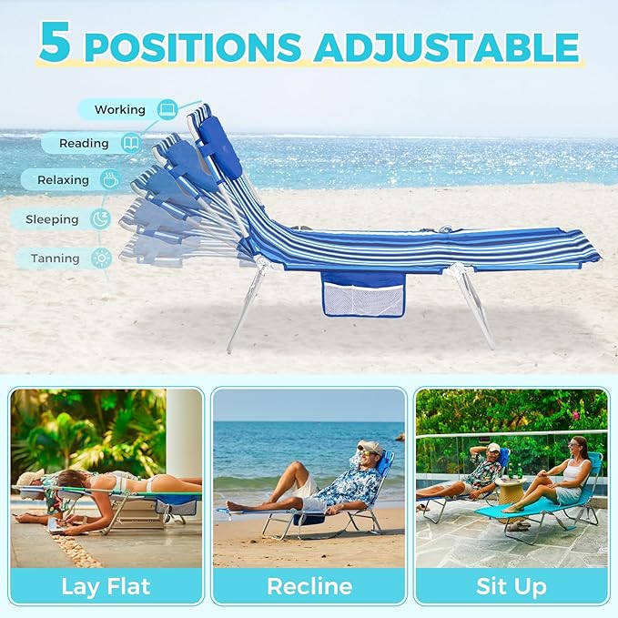 #WEJOY Folding Tanning Chair with Face Hole, 5 Positions Face Down Beach Lounge Chairs with Pillow for Outside Sunbathing Poolside (Blue/White)