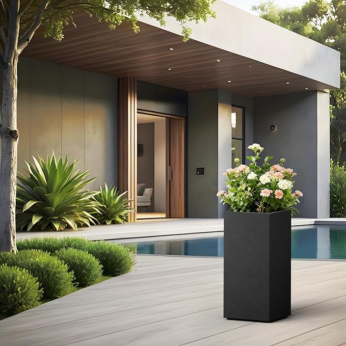 Kante 23.6" H Tall Rectangular Concrete Planter, Modern Square Diameter Plant Pot with Drainage Hole and Rubber Plug for Indoor Outdoor Home Patio Garden, Black