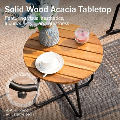 PHI VILLA 3 Pieces Outdoor Wicker Bistro Set for 2, Stackable Rattan Chairs & Acacia Wood Round End Table, Small Teak Conversation Furniture Set for Patio, Deck, Yard, Porch, Balcony