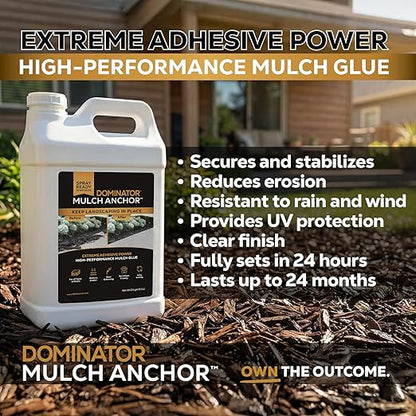 DOMINATOR Mulch Anchor 2.5 Gallons - Mulch Glue and Pea Gravel Stabilizer, Ready to Use Spray, Lasts up to 2 Years, Fast-Dry, Non-Toxic, Strong Mulch Glue for Landscapes