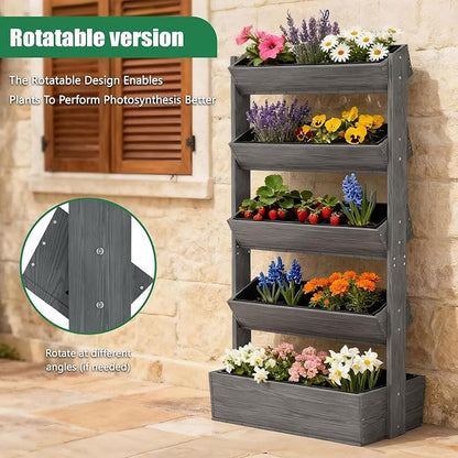 SUNYRISY 5 Tiers Vertical Raised Garden Bed Outdoor Planter Tower, Wooden Freestanding Planter Box for Planting Herbs Flowers Vegetables Patio Balcony Indoor Outdoor Gardening, Grey