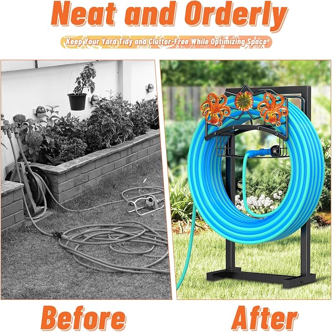 Garden Hose Holder for Outside, Freestanding Water Hose Holder Storage with Storage Basket, Heavy Duty Metal Hose Reels Hanger Stand Organizer with 4 Spikes for Yard Lawn Black