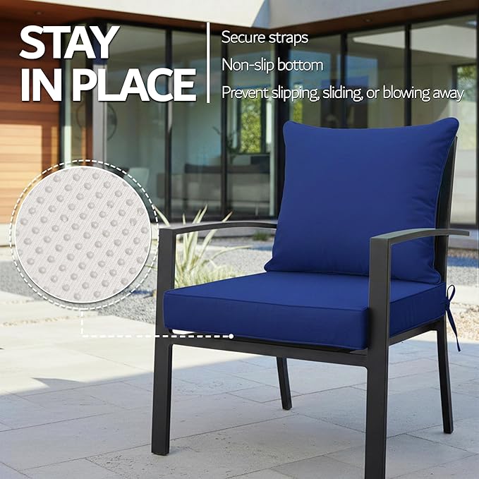 19x19 Inch Patio Chair Cushion with Removable Cover, Outdoor Furniture Cushion - Water-Repellent, Fade-Resistant, Non-Slip Bottom & Straps, Replacement for Lawn, Porch & Deck Chair - Navy
