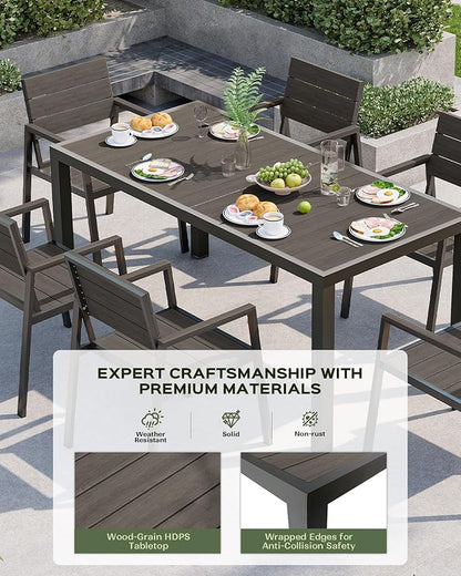 67" HDPS Outdoor Patio Dining Table, Aluminum-Edged Outdoor Dining Table with Umbrella Hole, Weather-Resistant for Lawn, Garden, Poolside and Indoor Use, Charcoal