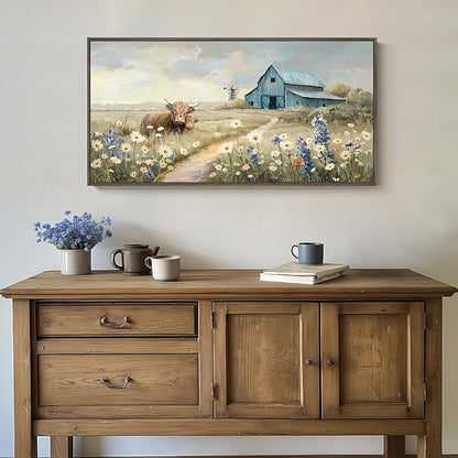 Extra Large Framed Farmhouse Style Wall Art - Vintage Rustic Canvas Art Print - Wildflower Highland Cow, Windmill & Teal Barn - Country Farm Painting for Living Room 30x60 Inch