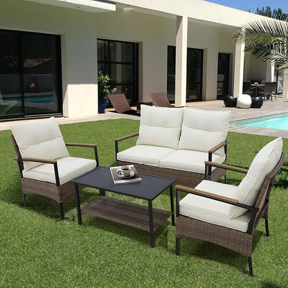 COOS BAY Sunset Haven Outdoor Patio Furniture Set, Outdoor Conversation Set, Rattan Wicker Sofa, Loveseat, 2 Patio Chairs and Coffee Table, Brown/Beige
