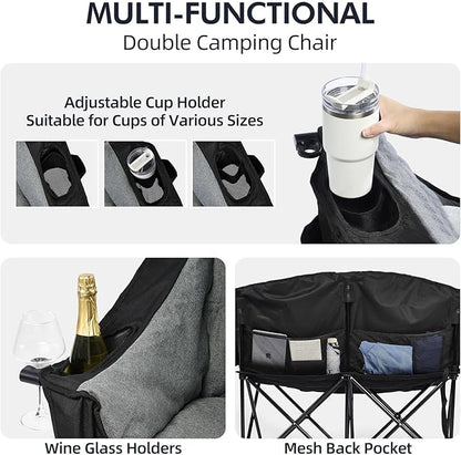 Double Camping Chair Loveseat - 2 Person Oversized Camping Couch for Adults Padded Heavy Duty Outdoor Lawn Beach Portable Folding Chairs with Cup Holders and Carry Bag Support 600lbs, Black/Grey