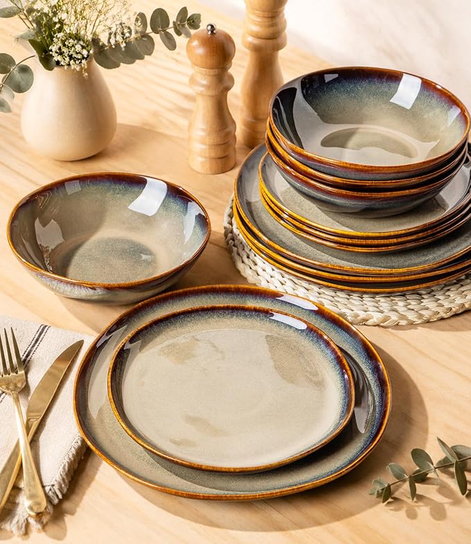 TheTerra Ceramic Dinnerware Sets for 4, 12 Pieces Porcelain Lightweight Plates and Bowls Sets, Scratch Resistant Dish Set, Oven & Microwave & Dishwasher Safe, Coca Mocha