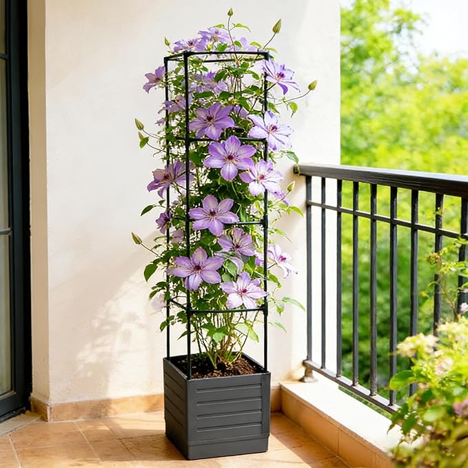 Tomato Planter with Trellis, 57 Inch Self-Watering Planter Box 2-Pack, Grey Planter with Metal Support for Outdoor Indoor Climbing Plants