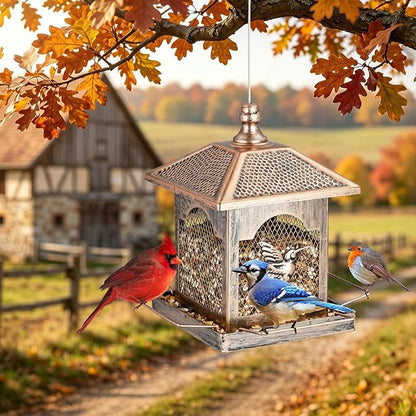 LBTING Bird Feeder for Outside, Metal Square Lantern-Shaped Bird Feeder with Polka Dot Patterned Roof, Wild Bird Feeders for Hanging Outdoor Garden Yard