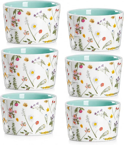 ONEMORE 6 oz Ramekins Oven Safe, Floral Ceramic Ramekin Set of 6 Mint Green Ramekins for Baking & Serving, Creme Brulee Dishes, Custard Pudding Souffle Cups, Small Dessert Bowls for Oven, Air Fryer