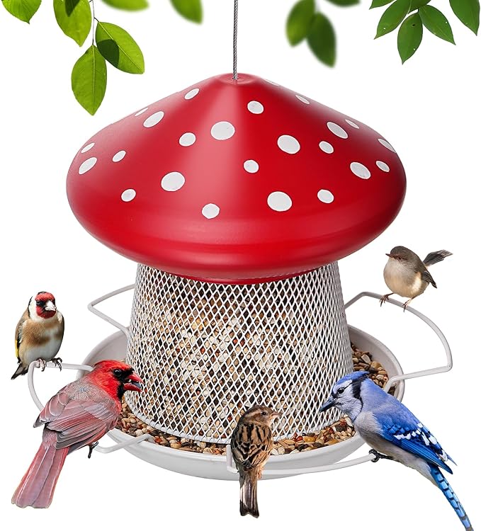 Bird Feeder, Heavy Duty Metal Bird Feeders for Outdoor Hanging, Cute Mushroom Shape Wild Birdfeeder for Outside Garden Yard (Red)