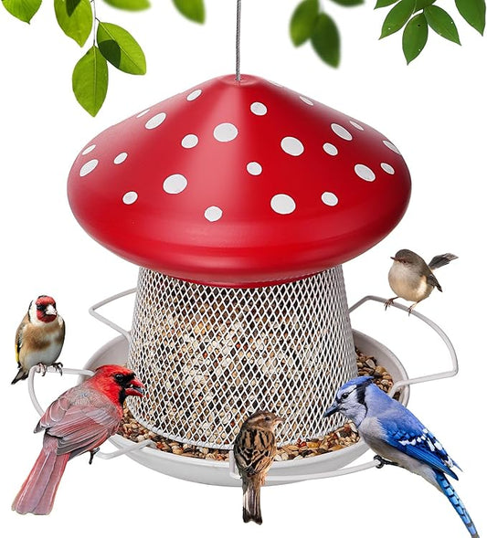 Bird Feeder, Heavy Duty Metal Bird Feeders for Outdoor Hanging, Cute Mushroom Shape Wild Birdfeeder for Outside Garden Yard (Red)