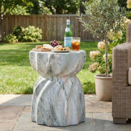 Christopher Knight Home 19.29 Inch Modern Outdoor Faux Concrete Side Table, Patio End Table with Fluted Hourglass Design, Accent Table for Garden Balcony Poolside