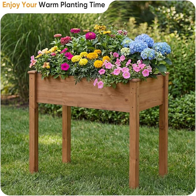 NEWBULIG Raised Garden Bed with Legs 34x18x30in,Elevated Wood Planter Box Stand for Outdoors Garden Balcony Courtyard, Natural Wood 400 Pound Capacity, for Planting Herbs Flowers Vegetables, Brown
