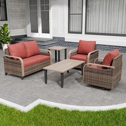 Modern Wicker Patio Furniture Set, Rattan Outdoor Conversation Set with Comfortable Cushions, 2 Swivel Rocing Chairs, 2 SeatLoveseat, Coffee Table and Side Table, 5 Pieces, Brown/Red