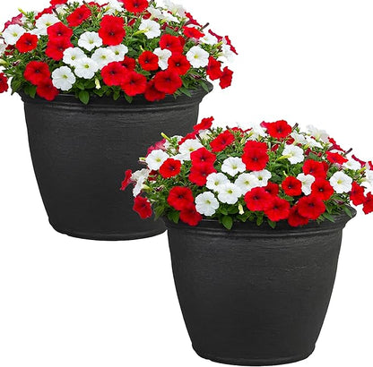 Sunnydaze 20-Inch Anjelica Large Plastic Pot for Plants - Outdoor Double-Walled Large Plastic Planter with Drillable Drainage Holes - Matte Black - 2pk