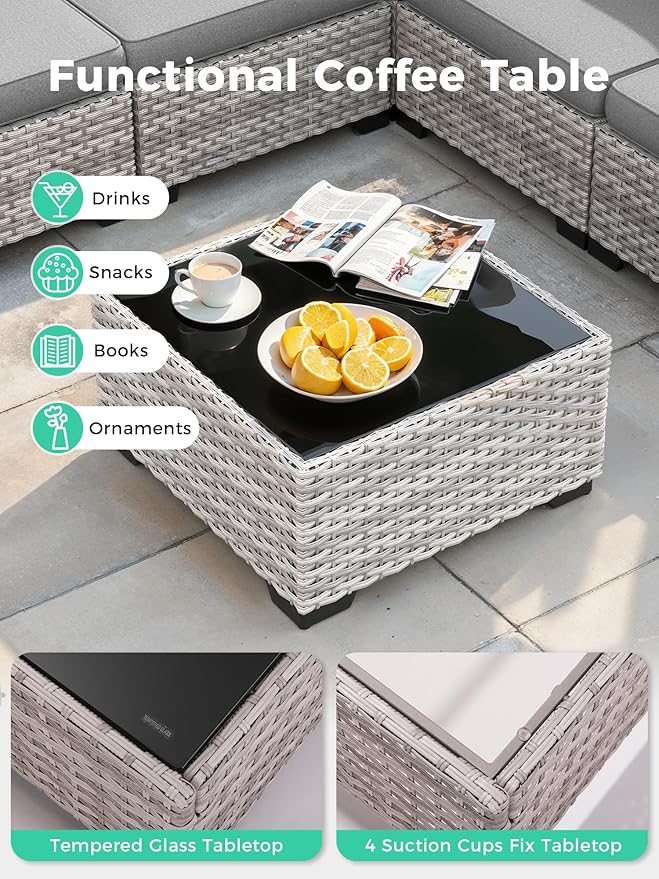 13 Piece Outdoor Wicker Rattan Sectional Sofa Set with 55,000 BTU Fire Pit Table, 10-Seats with 4" Thickened Cushions & Coffee Table, All-Weather PE Rattan for Garden, Backyard, Porch, Grey