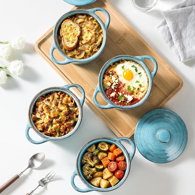 12 oz Mini Cocotte Set of 4, Ceramic Casserole Dishes with Lids & Handles | Reactive Glaze, Individual Baking & Serving, Ideal for Pot Pies, French Onion Soup, Casseroles & Baked Pasta, Oven Safe