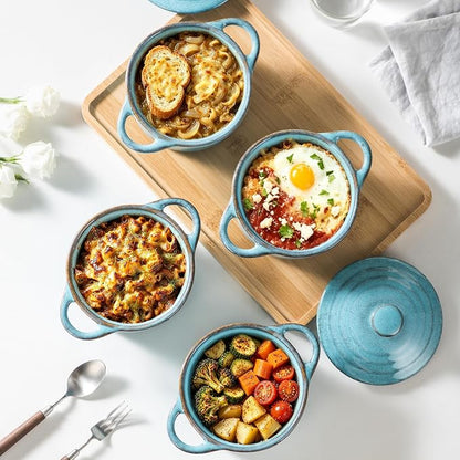 12 oz Mini Cocotte Set of 4, Ceramic Casserole Dishes with Lids & Handles | Reactive Glaze, Individual Baking & Serving, Ideal for Pot Pies, French Onion Soup, Casseroles & Baked Pasta, Oven Safe