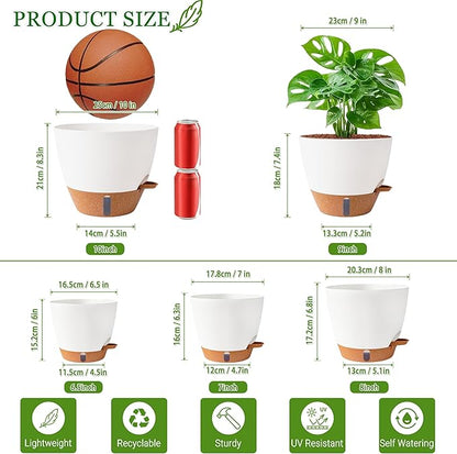 Self Watering Pots for Inoor Ourdoor Plants 10/9/8/7/6.5 Inch Plastic Planters with Drainage Holes & Water Level Indicator, Decorative House Flower Nursery Planting Pots with Saucers (White)