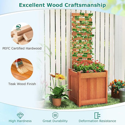 Giantex Wood Raised Garden Bed with Trellis, Outdoor Planter Box w/Open-Ended Base for Climbing Plants, 18'' Planting Depth Freestanding Privacy Planters Trellis Planter for Patio, Backyard