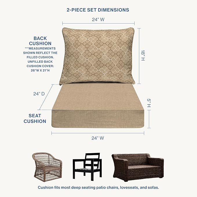 Honeycomb Outdoor Essentials Deep Seat, 24 x 24, Courtyard Geo Almond Chair Cushion for Patio Furniture